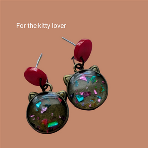 Colorful Cat Ear Earrings with Red Accents